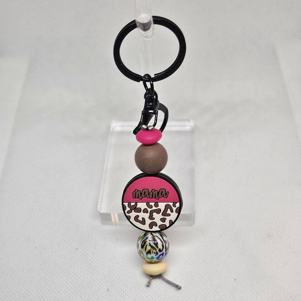 NWT Pink and Cream with Animal Print Mama Bling and Beaded Black Metal Keychain